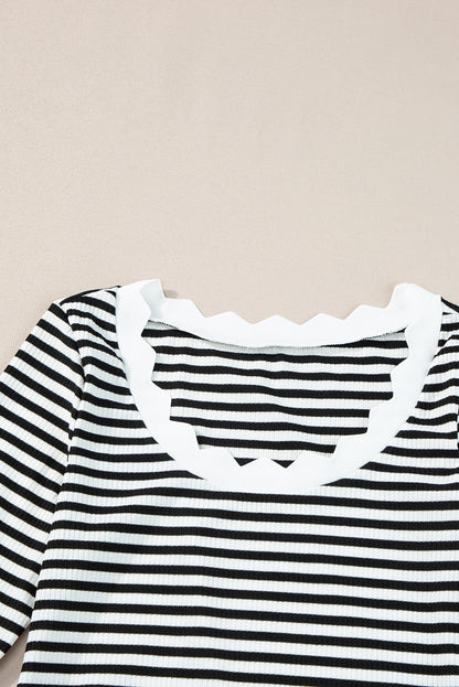 Striped Contrast Scallop Trim Half Sleeve T-Shirt | Black