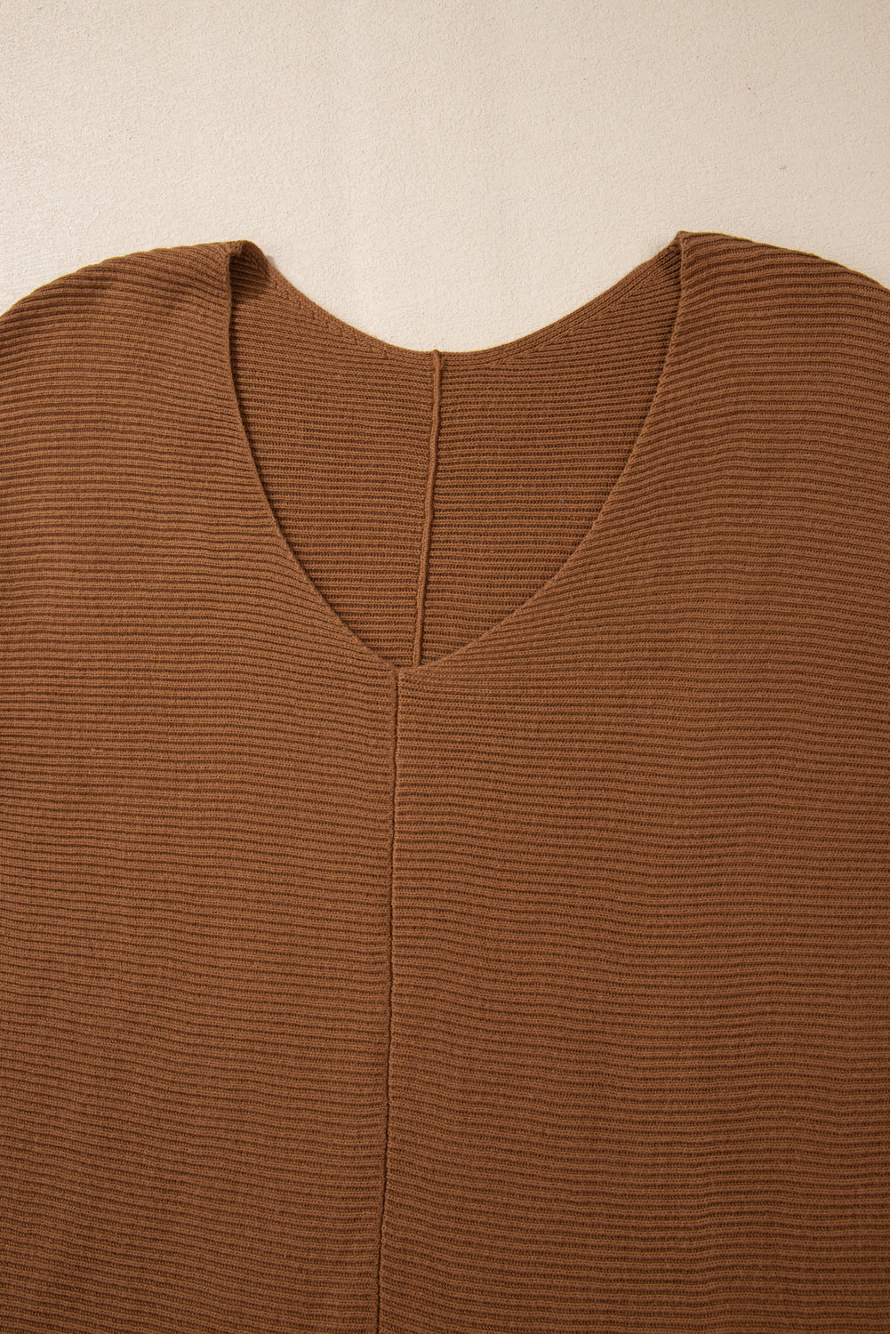 Ribbed Knit Drop Sleeve V Neck Loose Fit Sweater | Camel