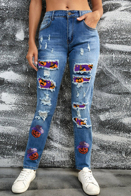 Sequin Pumpkin Patched Distressed Straight Leg Jeans | Sky Blue