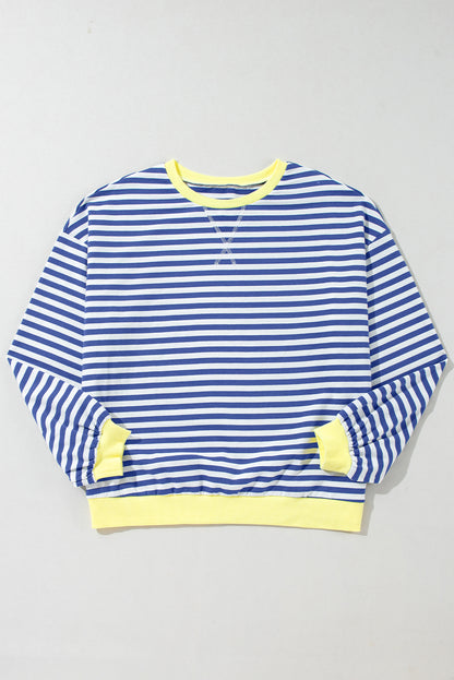 Oversized Contrast Trim Pullover Sweatshirt | Blue Stripe