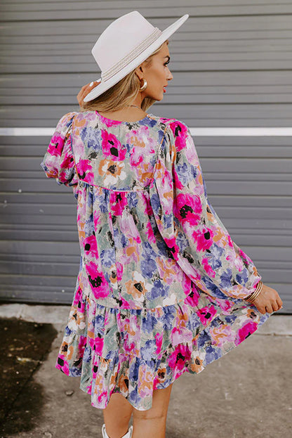 Floral Tie Neck Bubble Sleeve Shift Dress | Multicolour