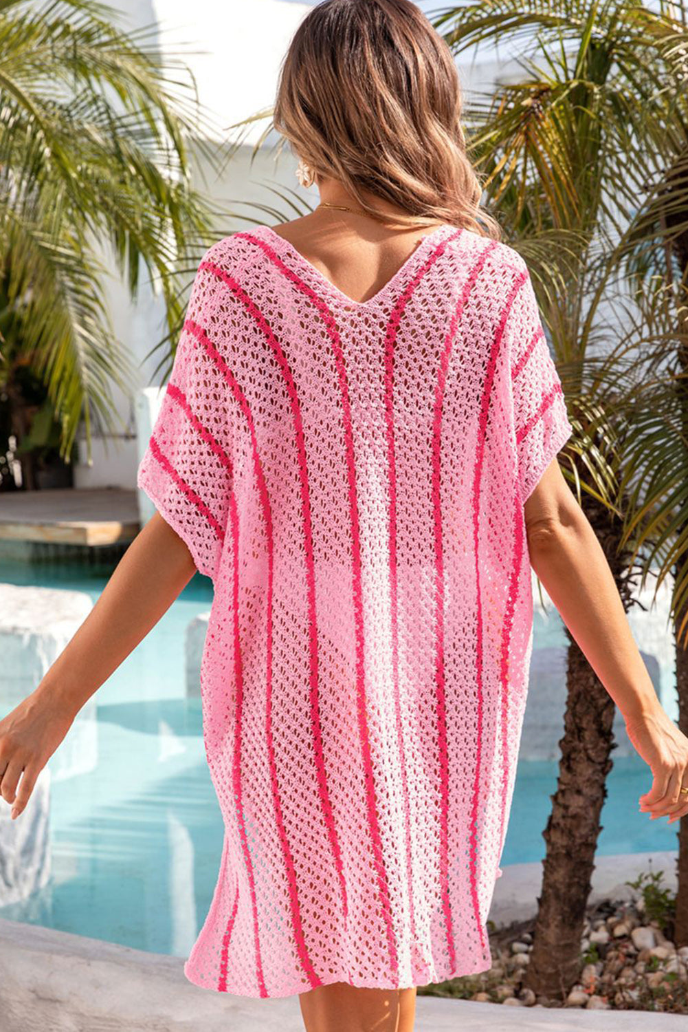 Striped Crochet Loose Fit V Neck Beach Cover Up | Pink