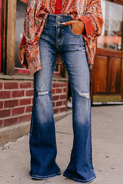 Button Fly Ripped High Waist Flare Jeans | Sky Blue