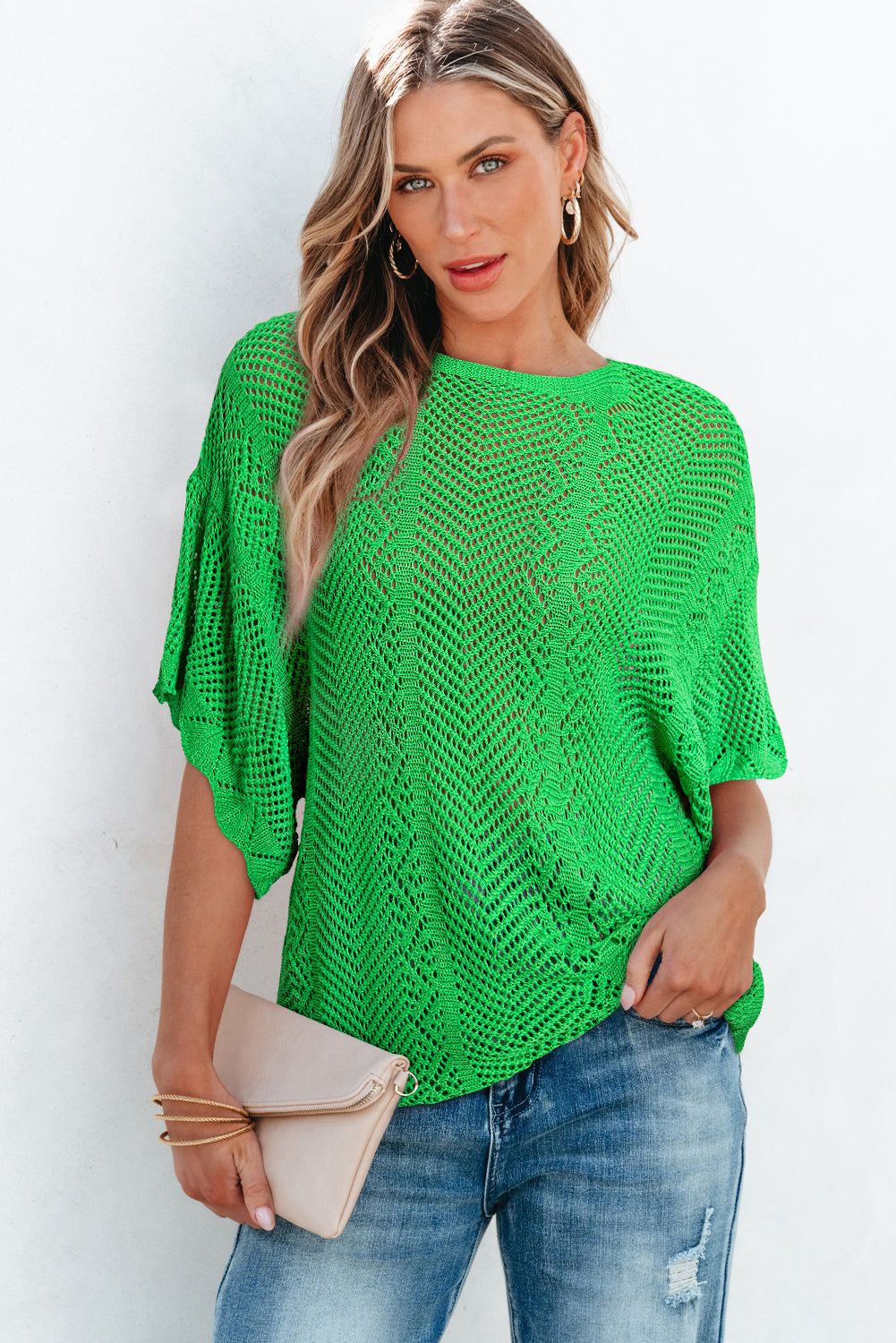 Pointelle Knit Scallop Edge Short Sleeve Top | Green