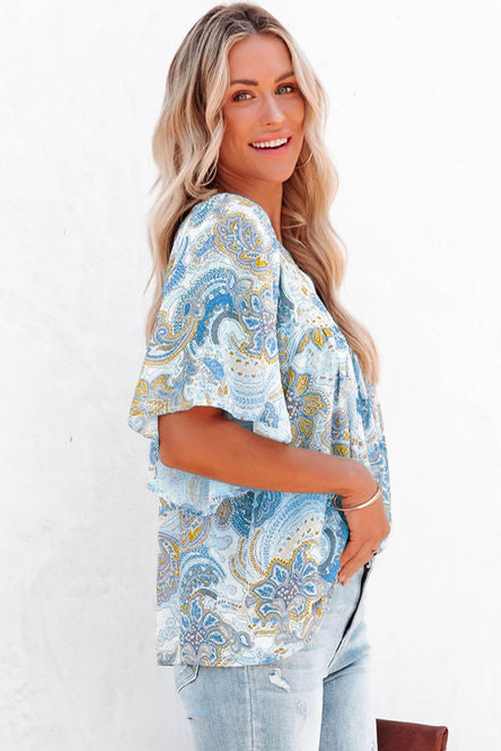 Paisley Print Wide Sleeves Loose Blouse | Sky Blue