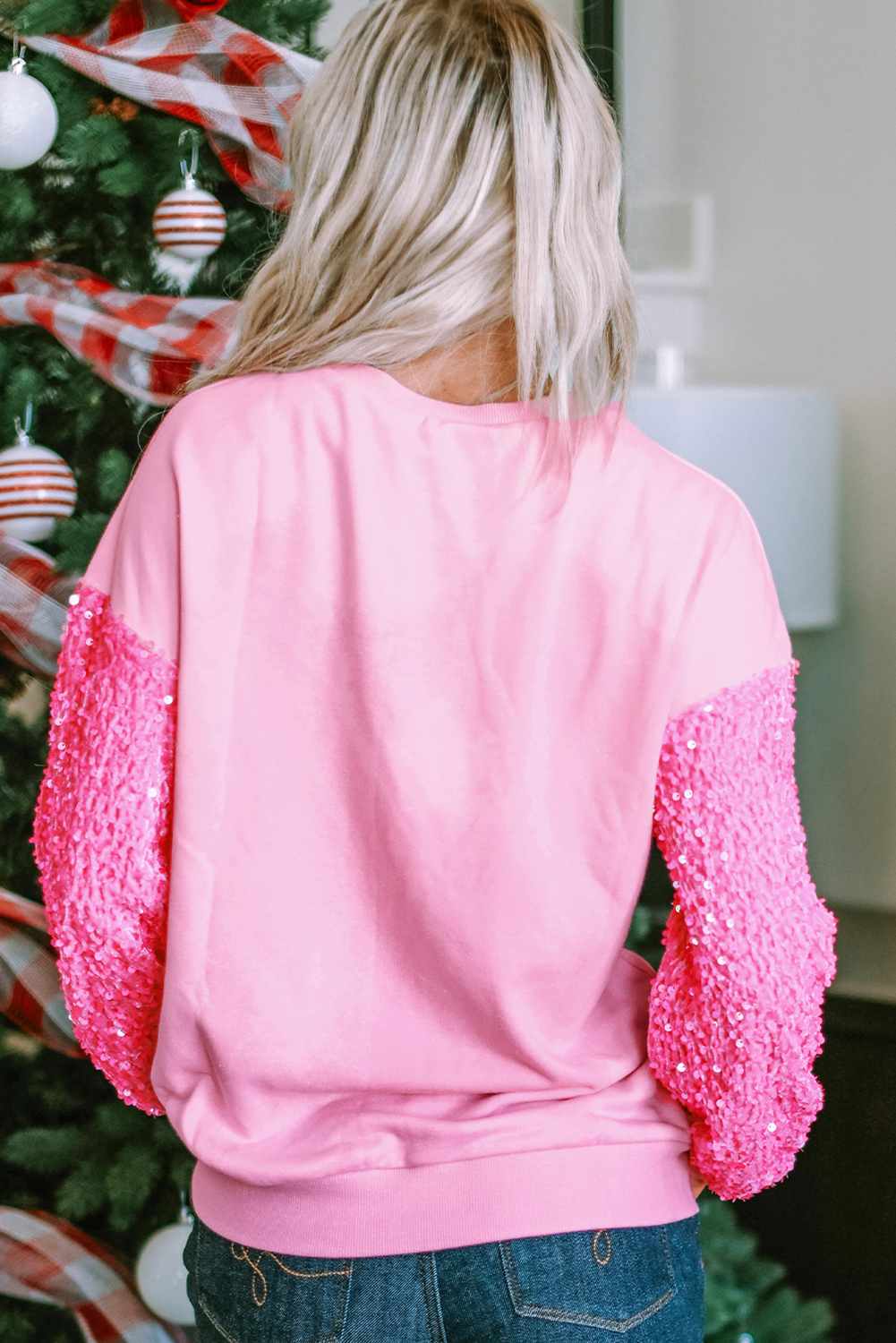 Leopard Heart Graphic Sequin Patchwork Long Sleeve Valentines Top | Pink