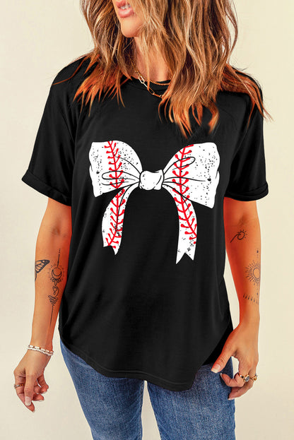 Baseball Bowknot Graphic Casual Tee | Black