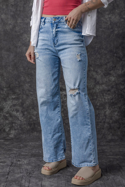 High Rise Distressed Straight Leg Jeans | Light Blue