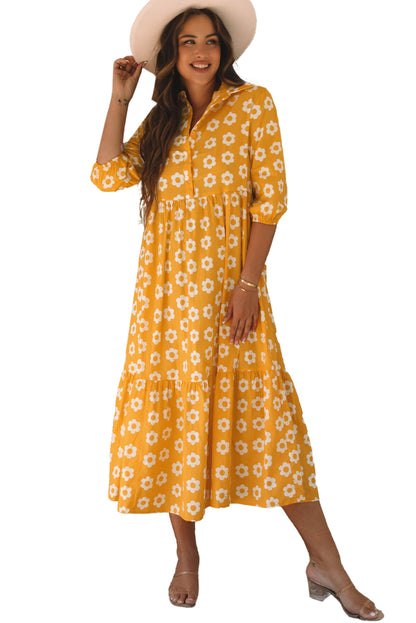 Flower Print Bracelet Sleeve Buttons Collared Maxi Dress | Yellow