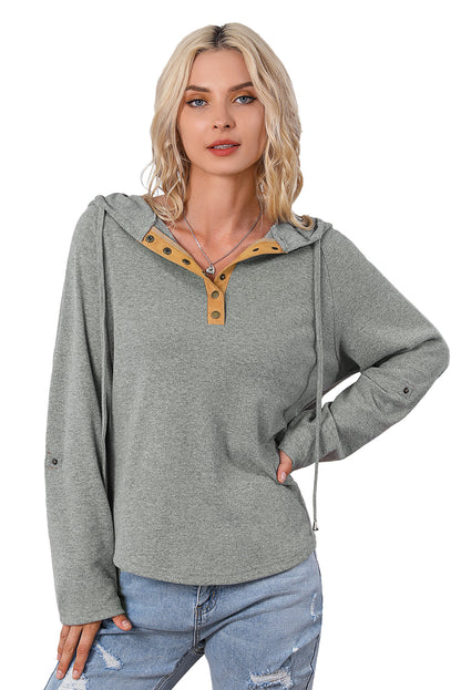 Quarter Buttoned Drawstring Pullover Hoodie | Gray