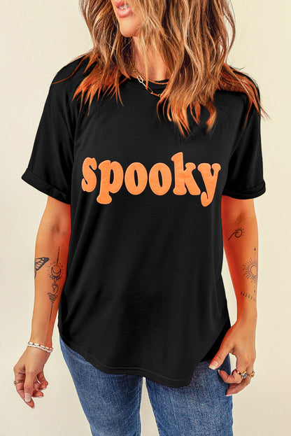 Halloween Spooky Crew Neck Casual Graphic Tee | Black