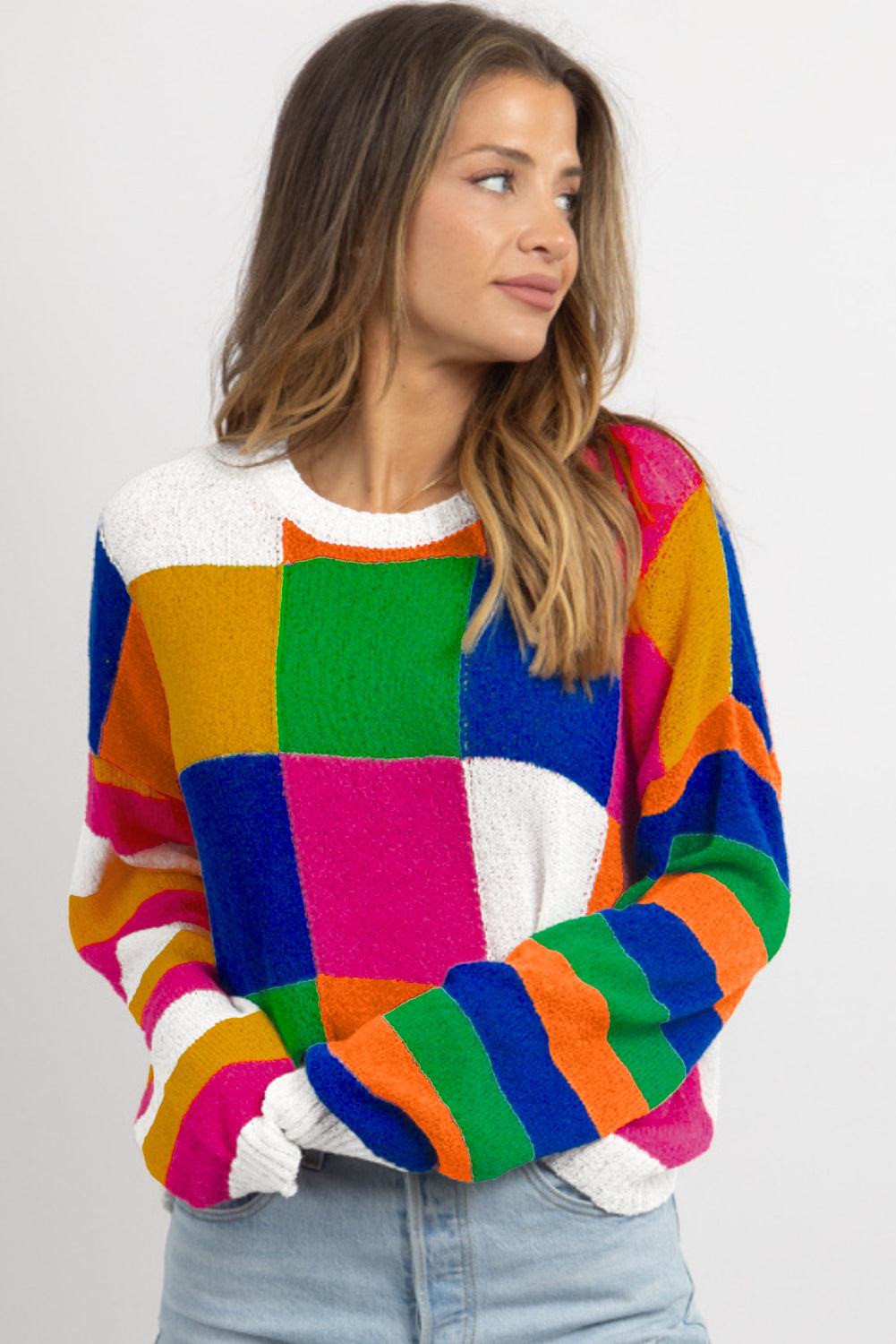 Checkered Colour Block Round Neck Loose Sweater | Orange