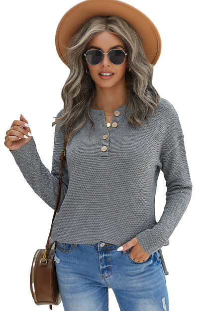 Henley Pullover Drop Shoulder Sweater With Slits | Gray