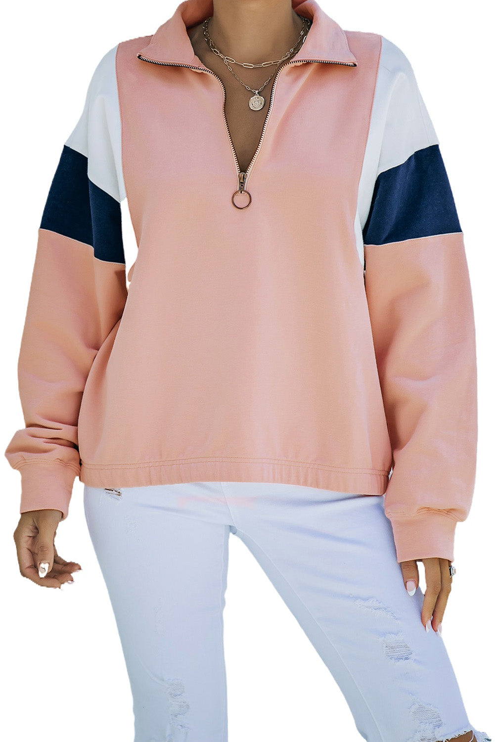 Colour Block Patch Bicep Quarter Zip Sweatshirt | Pink