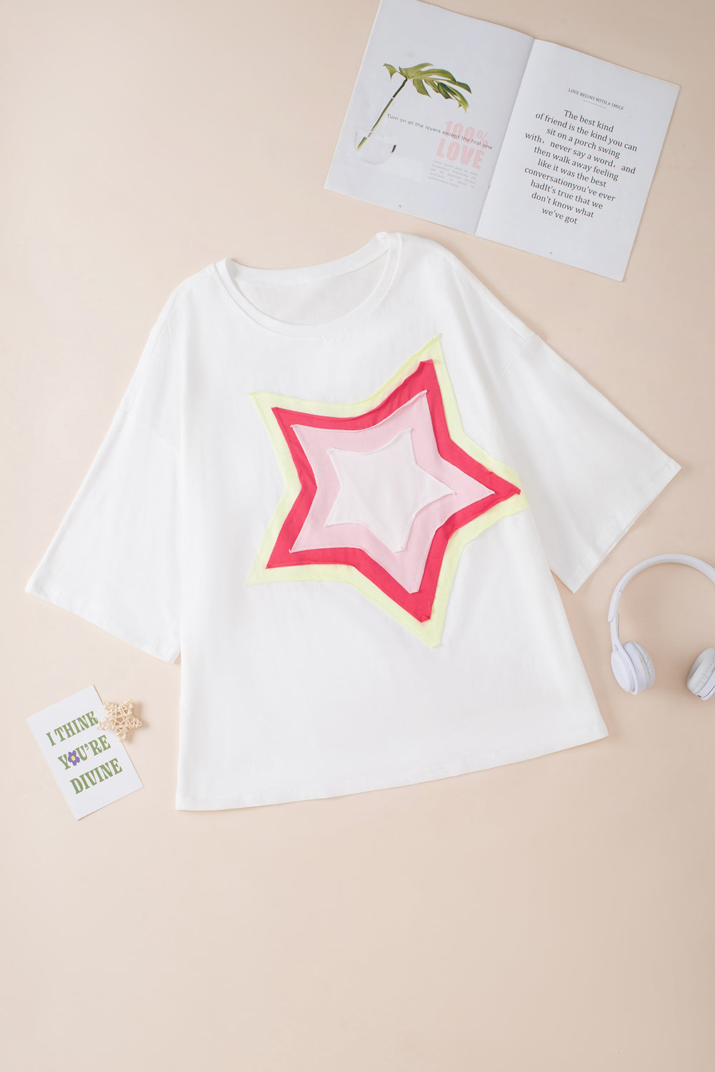 Colourblock Star Patched Half Sleeve Oversized Tee | White