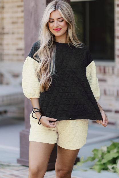 Colour Block Quilted 3/4 Sleeve Top And Shorts Set | Black