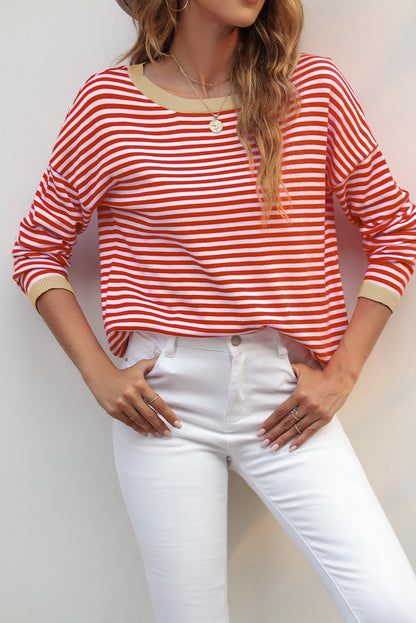 Contrast Trimmed Striped Drop Shoulder Sweater | Fiery Red