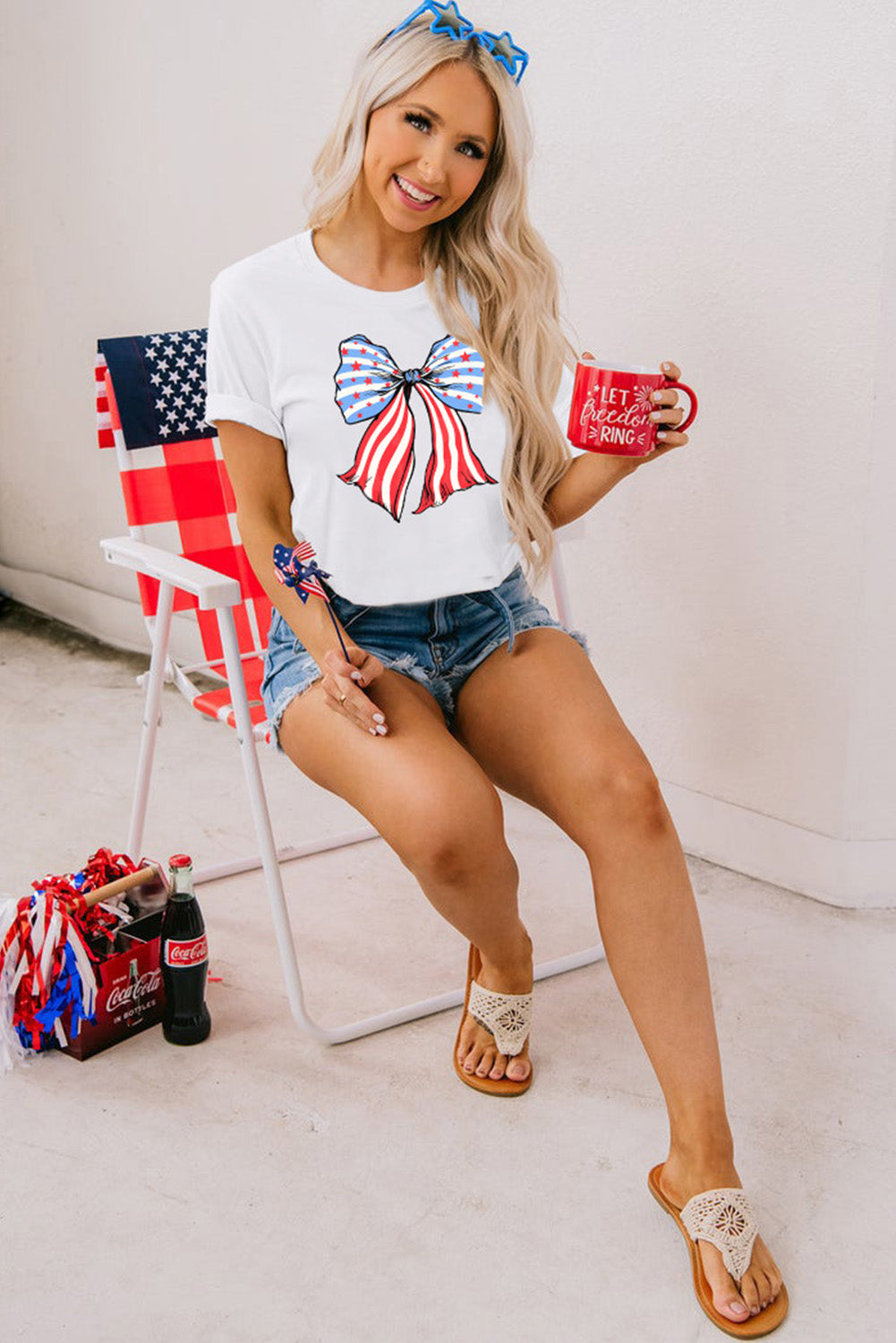 Stripes And Stars Bowknot Print T Shirt | White