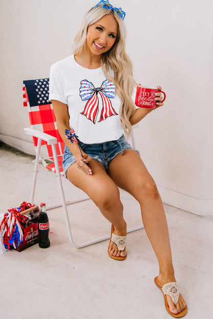 Stripes And Stars Bowknot Print T Shirt | White