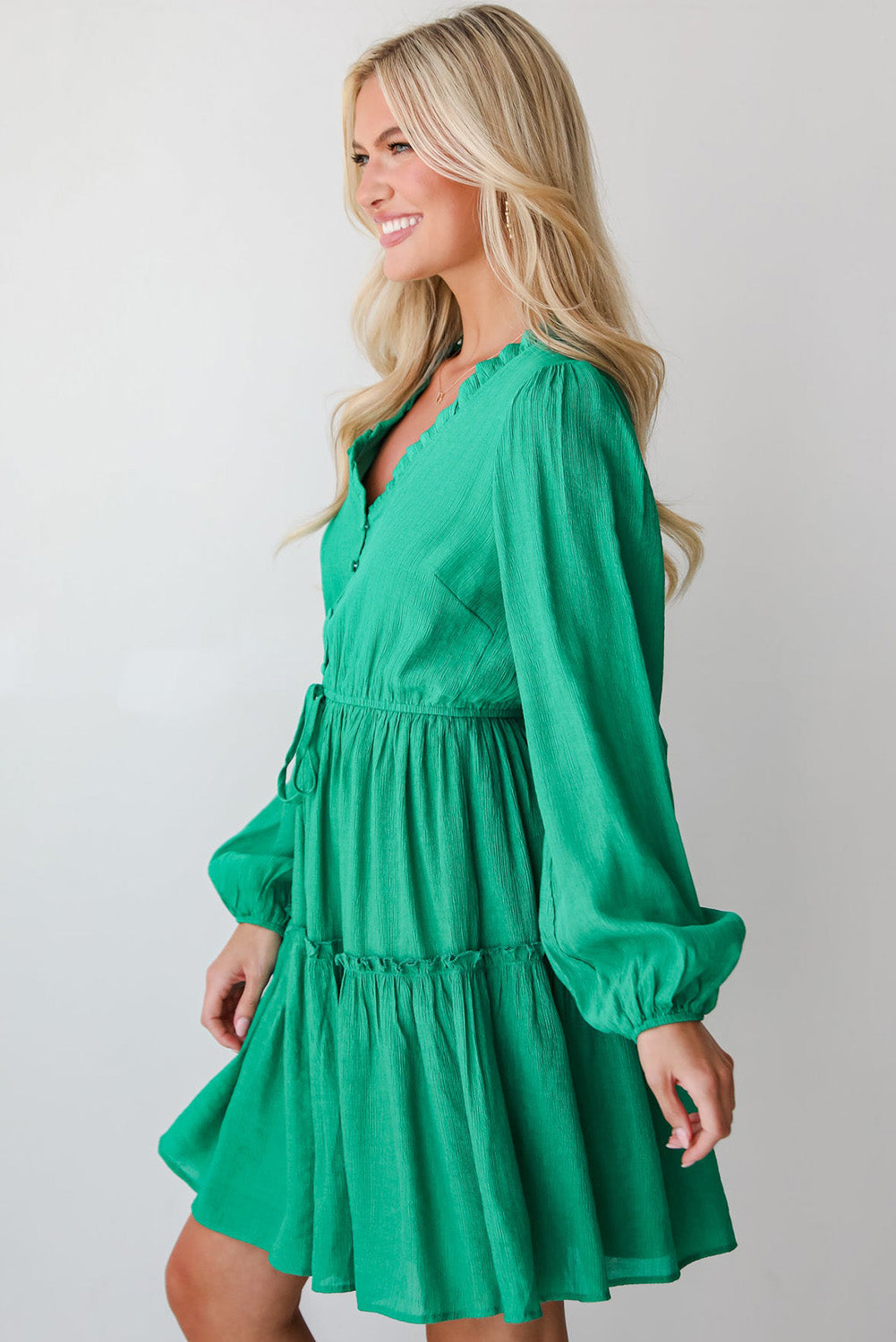 Frilly V Neck Puff Sleeve Drawstring Shift Mini Dress | Sea Green