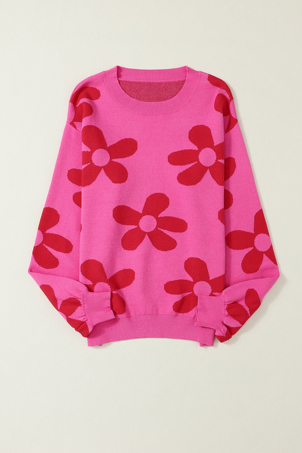 Big Flower Knit Ribbed Trim Sweater | Rose