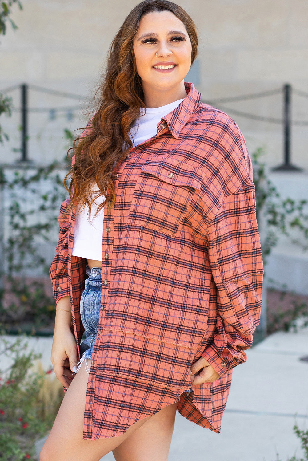 Plaid Long Sleeeve Side Split Distressed Hem Shirt | Red