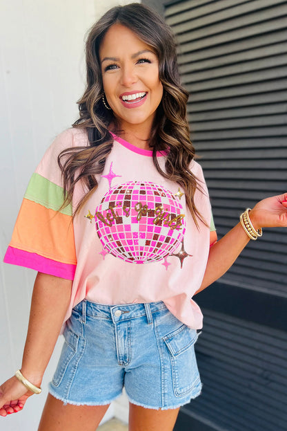 Sequin Disco Ball Colour Block Sleeve Graphic Tee | Pink