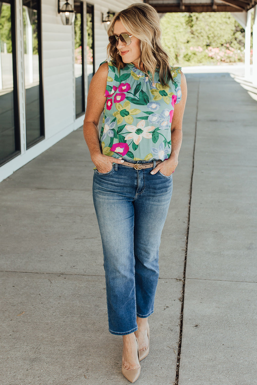 Floral Print Ruffle Trim Tank Top | Green