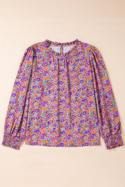 Floral Allover Print Shirred Cuff Frilled O Neck Blouse | Purple