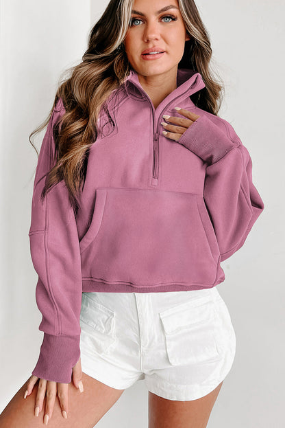 Fleece Lined Zip Up Stand Collar Thumbhole Sleeve Sweatshirt | Phalaenopsis