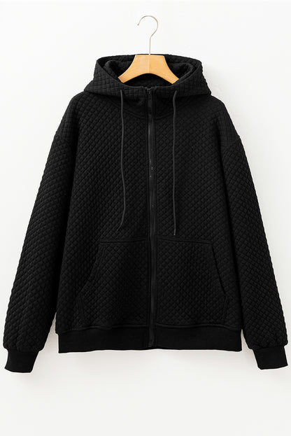 Quilted Side Pockets Zipper Hooded Jacket | Black