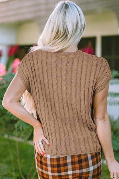 Crew Neck Cable Knit Short Sleeve Sweater | Light French Beige