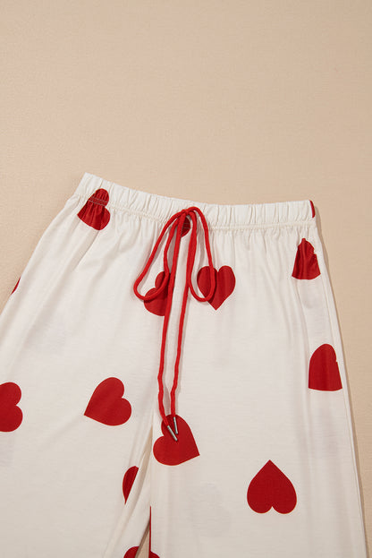 Valentines Heart Print Lace Hem Tee Pants Pajama Set | White