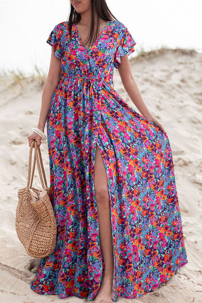 Floral Print V Neck Wrap Split Maxi Dress | Blue