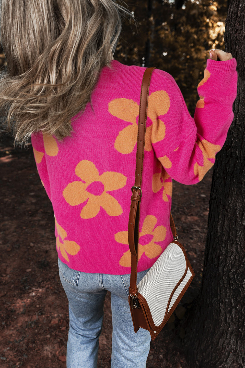 Big Flower Pattern Mock Neck Long Sleeve Sweater | Rose