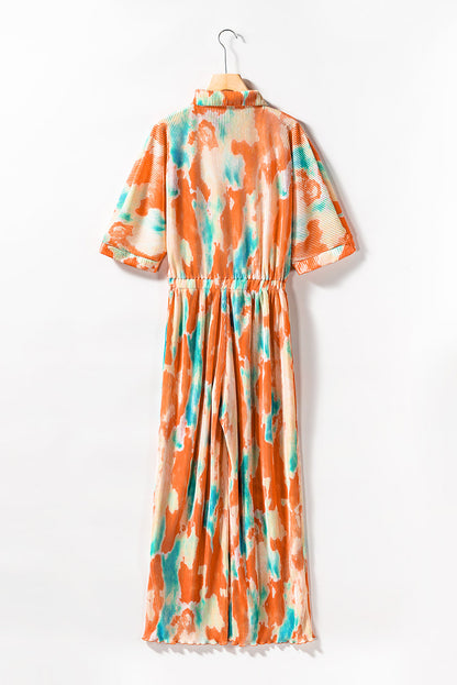 Bohemian Tie Dye Pleated Shirt Collar Loose Jumpsuit | Multicolour