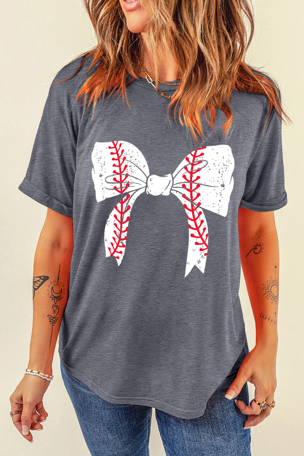 Baseball Bowknot Graphic Casual Tee | Gray