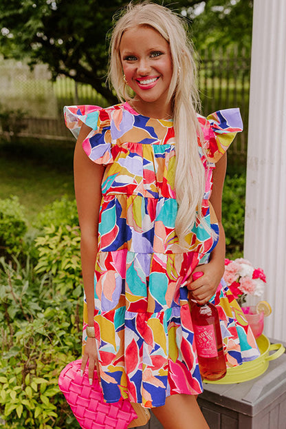 Abstract Printed Ruffled Flutter Sleeve Tiered Mini Dress | Pink