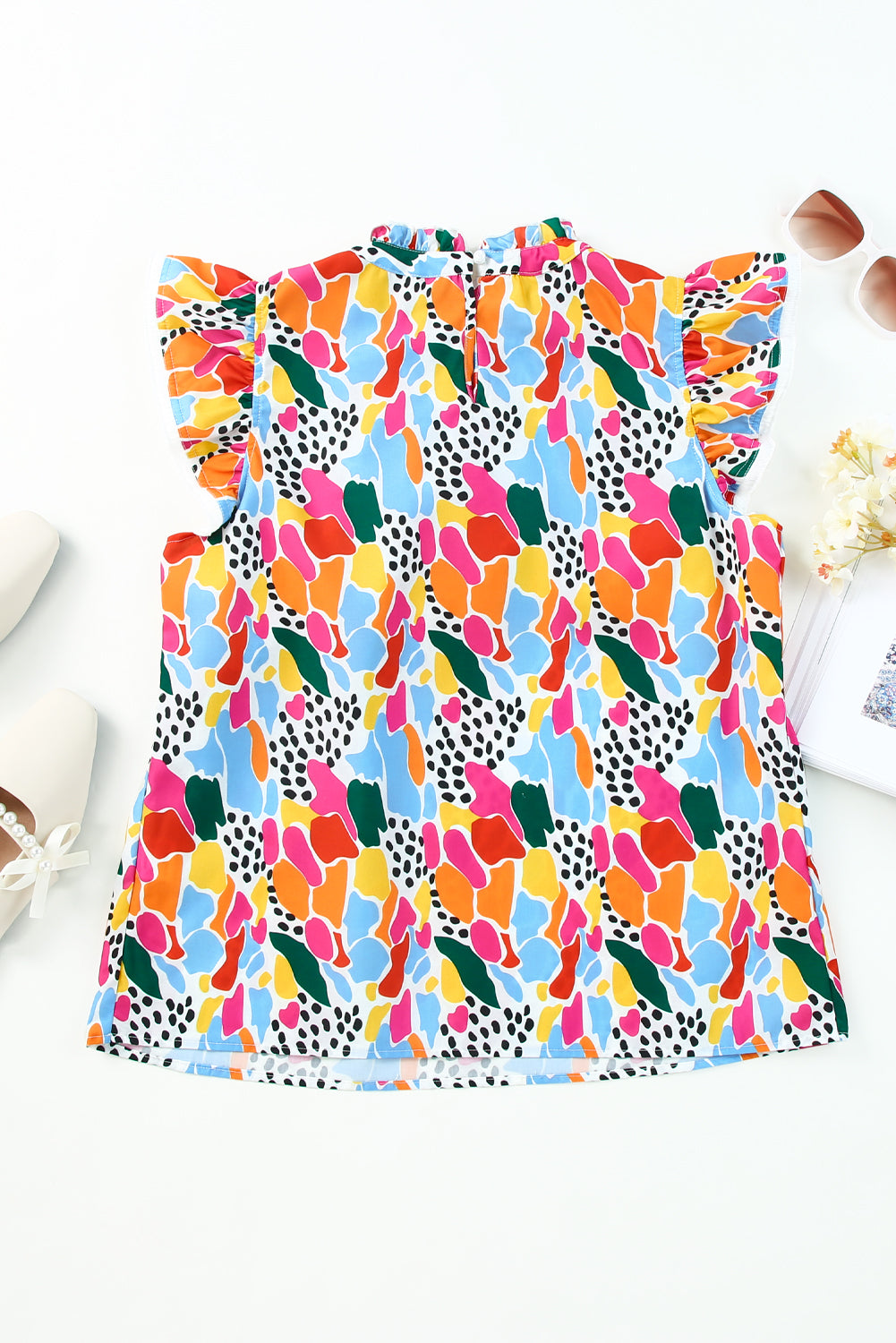 Abstract Print High Neck Flutter Sleeves Top | Multicolour