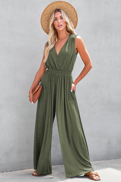 Deep V Pleated Crisscross Wide Leg Backless Jumpsuit | Jungle Green