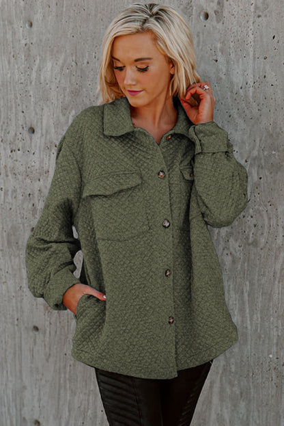 Retro Quilted Flap Pocket Button Shacket | Green