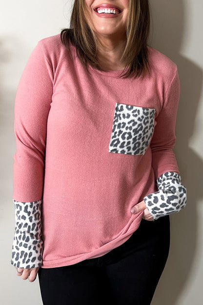 Leopard Cuffs Brushed Plus Size Top | Pink