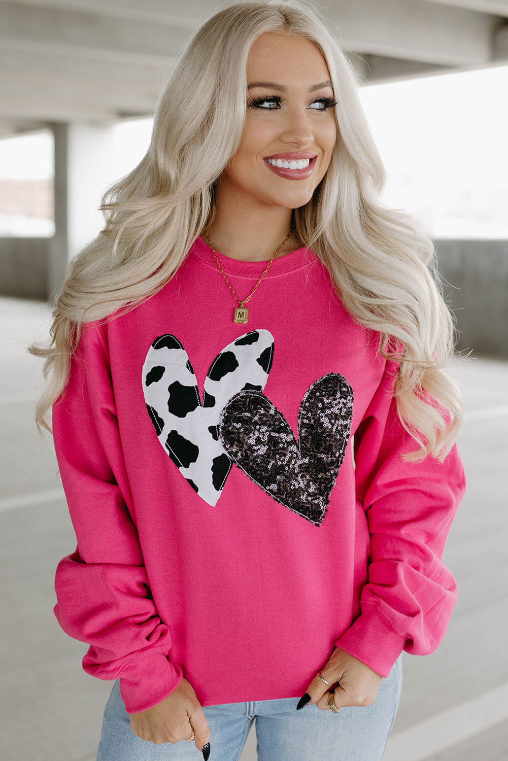 Cow & Sequin Double Heart Patch Graphic Sweatshirt | Strawberry Pink