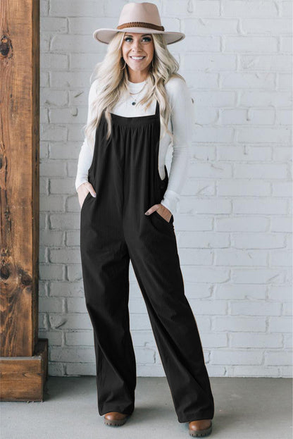 Solid Pocketed Loose Fit Corduroy Overall | Black