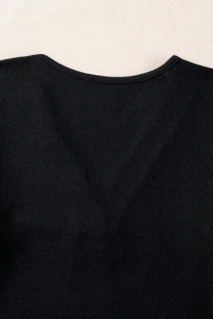 Buttoned V Neck Ribbed Puff Sleeve Top | Black