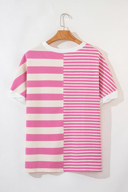 Patchwork Textured Short Sleeve High Low Loose Top | Pink Stripe