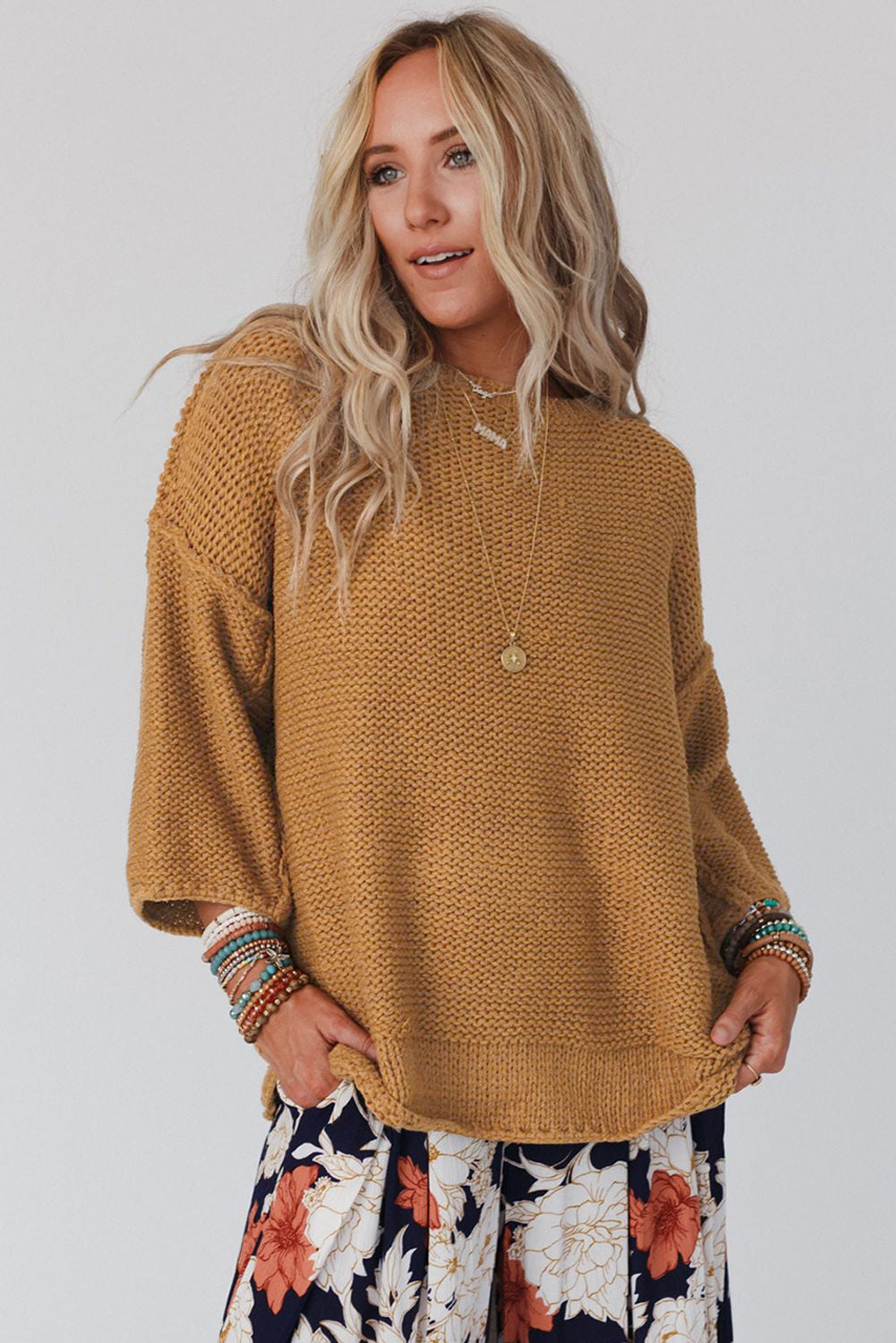 Slouchy Textured Knit Loose Sweater | Brown