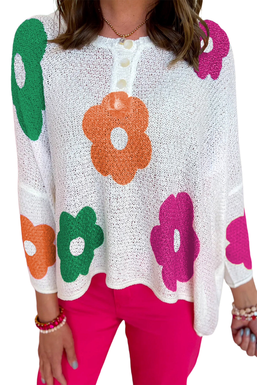 Floral Print Buttoned Loose Lightweight Sweater | White