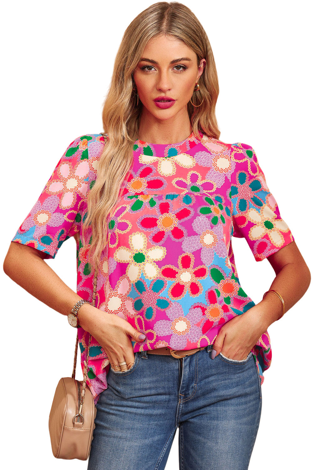 Boho Flower Print Puff Short Sleeve Top | Purple