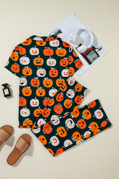 Halloween Pattern Short Sleeve Shirt Pajama Set | Orange